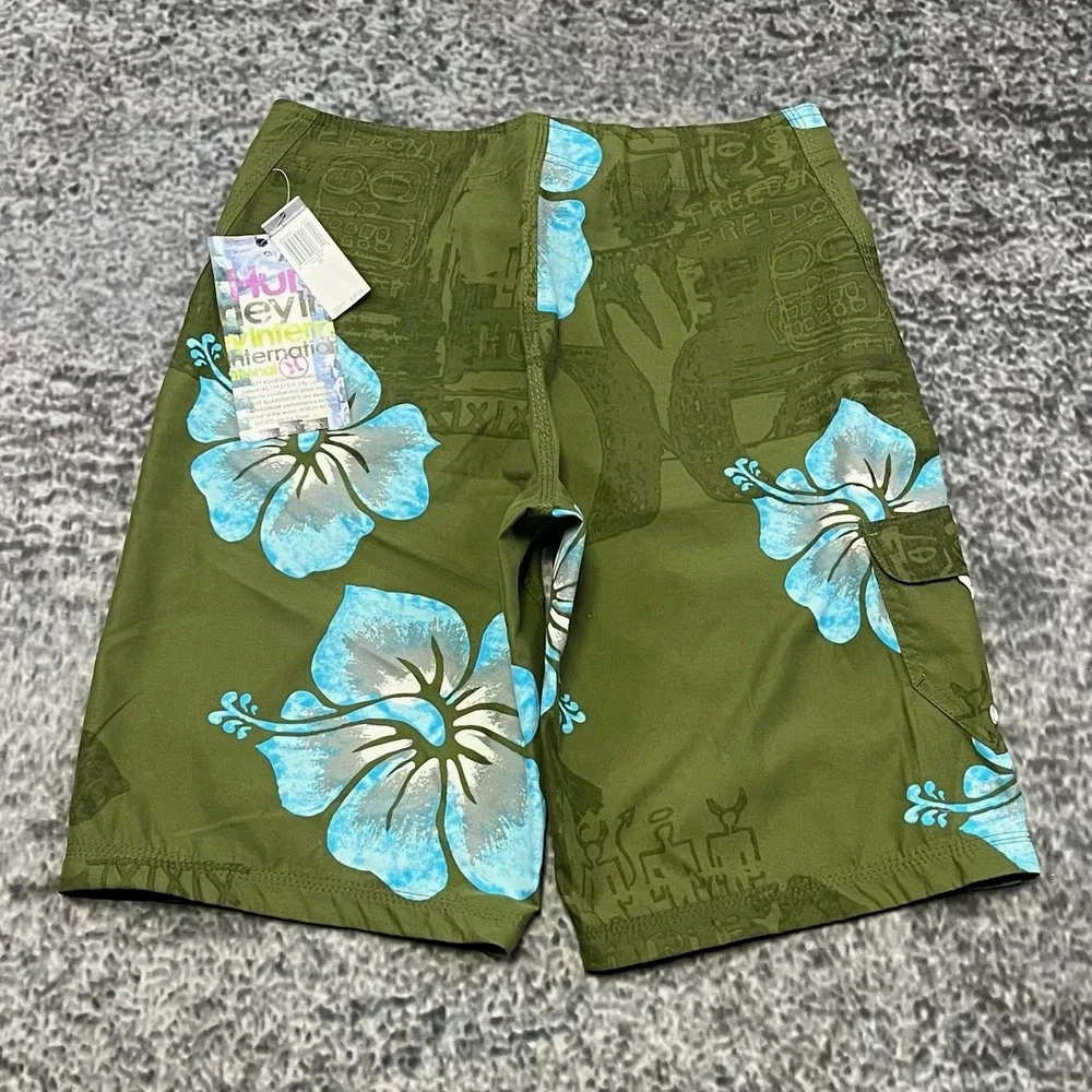NWT Hurley Board Shorts Mens 29 Green Blue Tropical Flowers Surf Swim Trunks Y2K